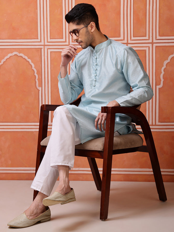 Sky Blue Jacquard Kurta with Textured Pattern