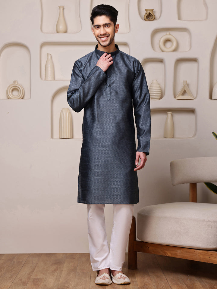 Grey Jacquard Kurta with Diamond Pattern