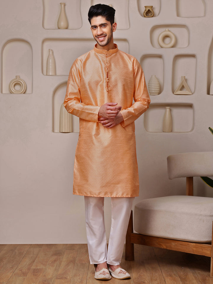 Peach Jacquard Kurta with Diamond Pattern