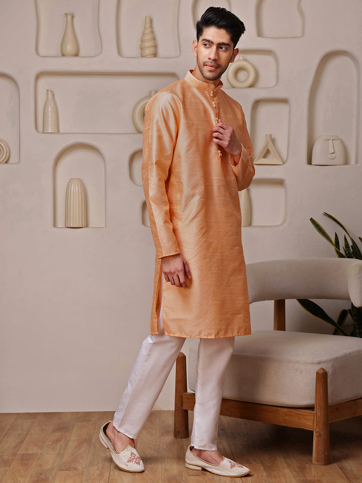 Peach Jacquard Kurta with Diamond Pattern