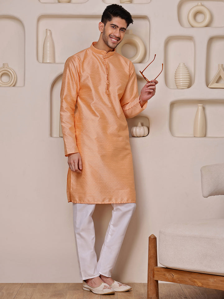 Peach Jacquard Kurta with Diamond Pattern