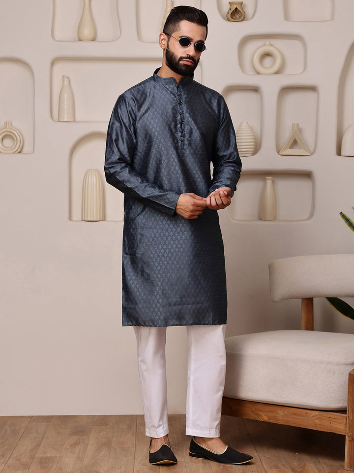 Grey Jacquard Kurta with Mini Buti
