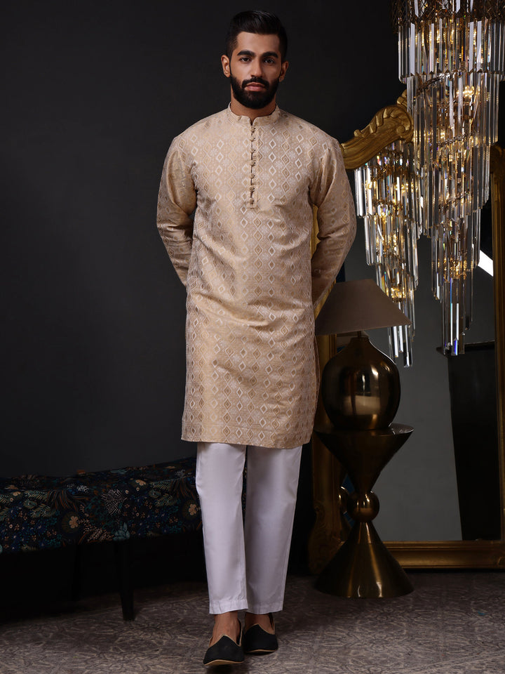 Shop our premium designer jacquard kurta in beige-gold for a sophisticated and royal ethnic look