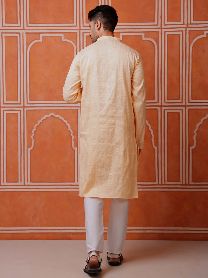Back view of the peach jacquard silk blend kurta, showcasing its clean lines and rich texture