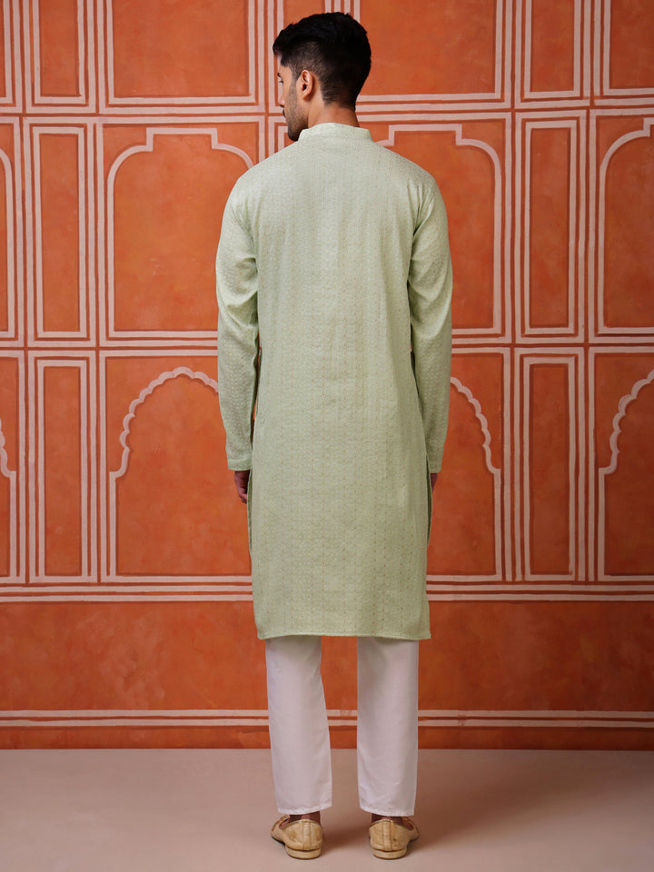 Side view of the light green silk blend kurta, showcasing its comfortable fit and flowy fabric