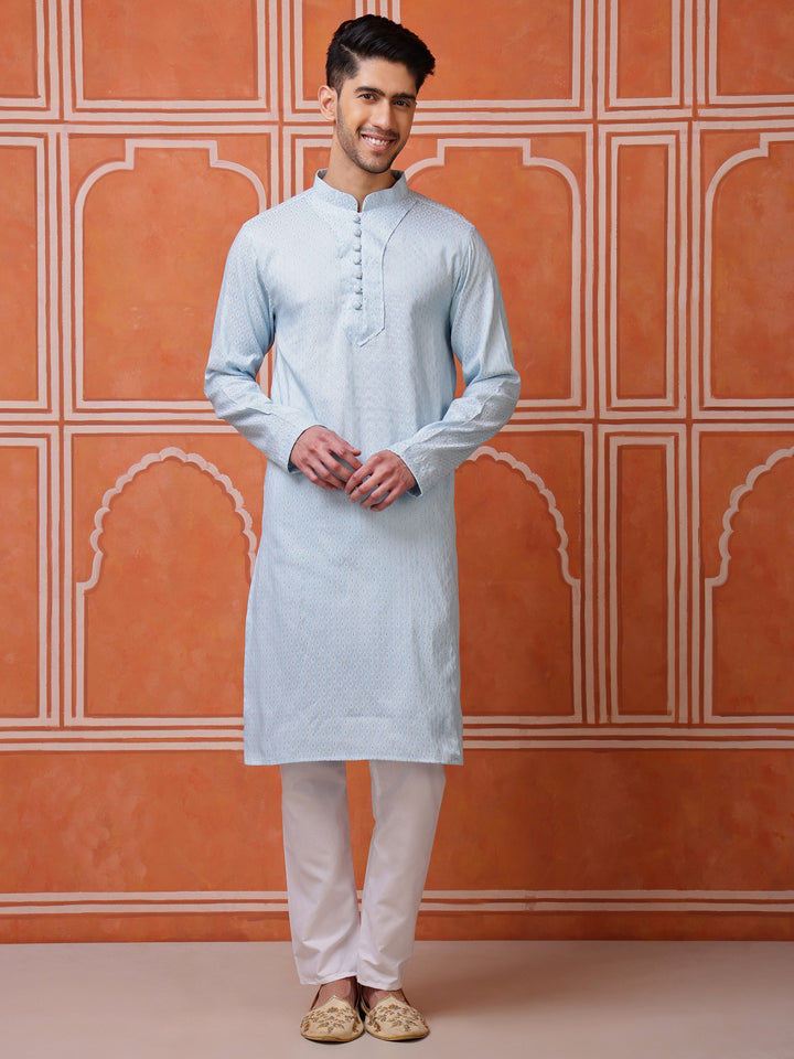Men's sky blue cotton blend kurta featuring a unique angrakha-style side placket