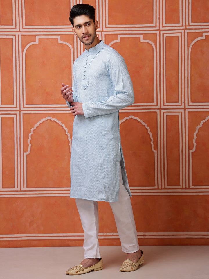 Sky blue mandarin collar kurta for men, a fresh and fashionable take on traditional Indian wear