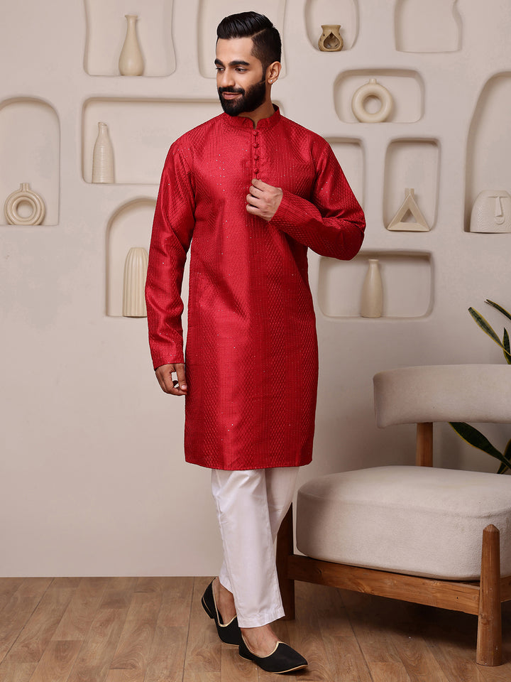 Red Embroidered Kurta with Sequins
