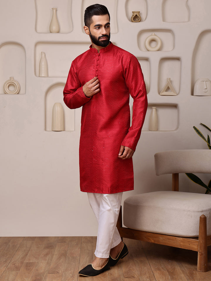 Red Embroidered Kurta with Sequins