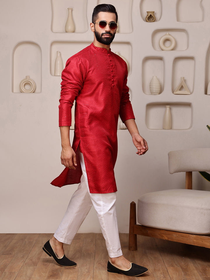 Red Embroidered Kurta with Sequins