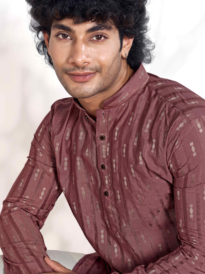 Pink Linear Striped & Diamond Viscose Woven Jacquard Men's Kurta