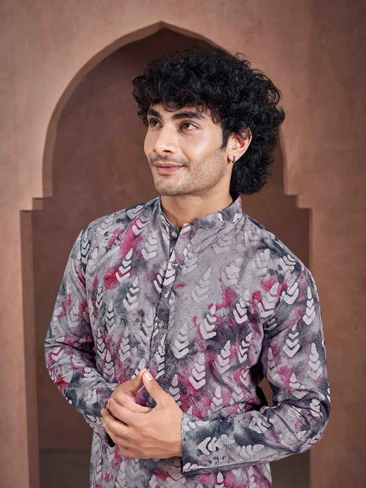 Grey-Pink Viscose Flowy Leaf Pattern Shibori Dyed Men's Kurta