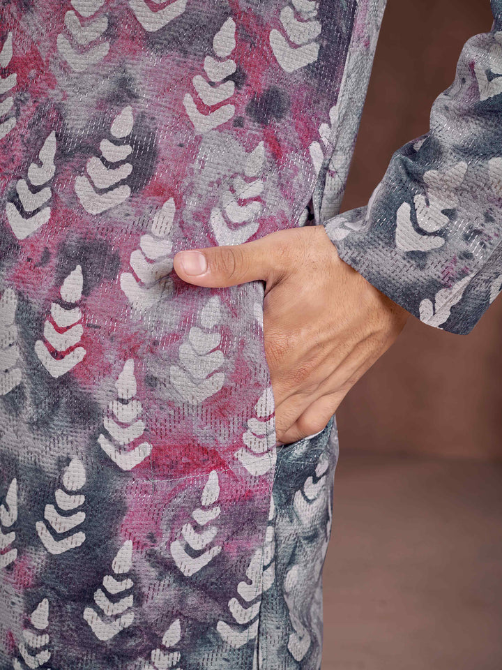 Grey-Pink Viscose Flowy Leaf Pattern Shibori Dyed Men's Kurta