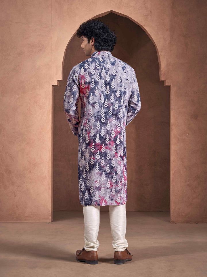 Grey-Pink Viscose Flowy Leaf Pattern Shibori Dyed Men's Kurta