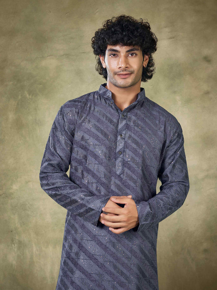 Grey Viscose Sequence Traditional Men's Kurta
