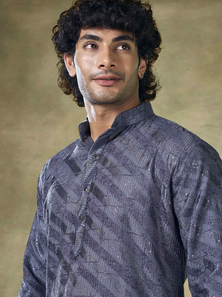 Grey Viscose Sequence Traditional Men's Kurta