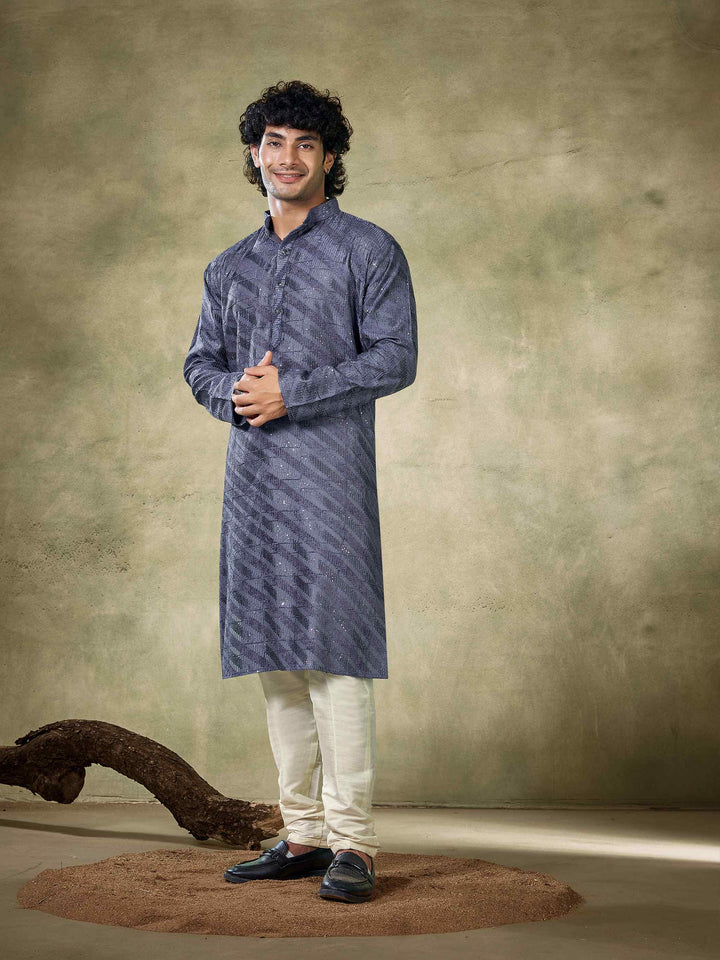 Grey Viscose Sequence Traditional Men's Kurta