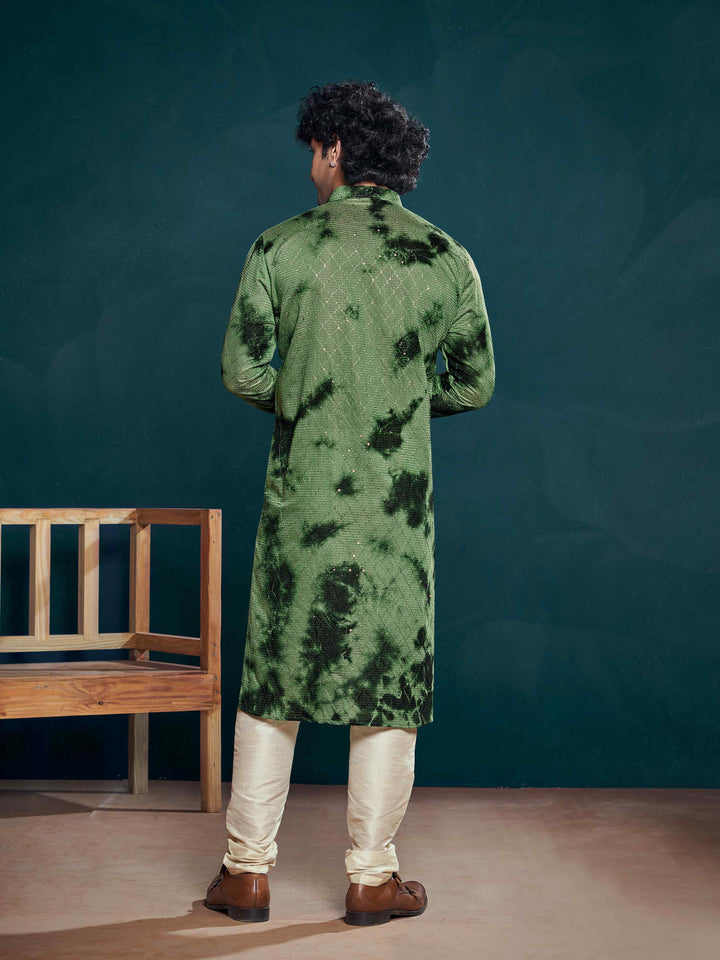 Flowy Green Shibori Dyed Viscose Sequence Men's Kurta