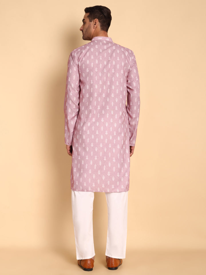 Traditional Pink Botalical Damask Printed Men's Cotton Kurta
