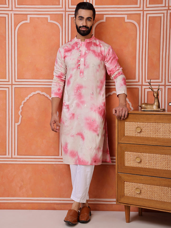 Pink Embroidered Tie-Dye Kurta with Mirror Buti