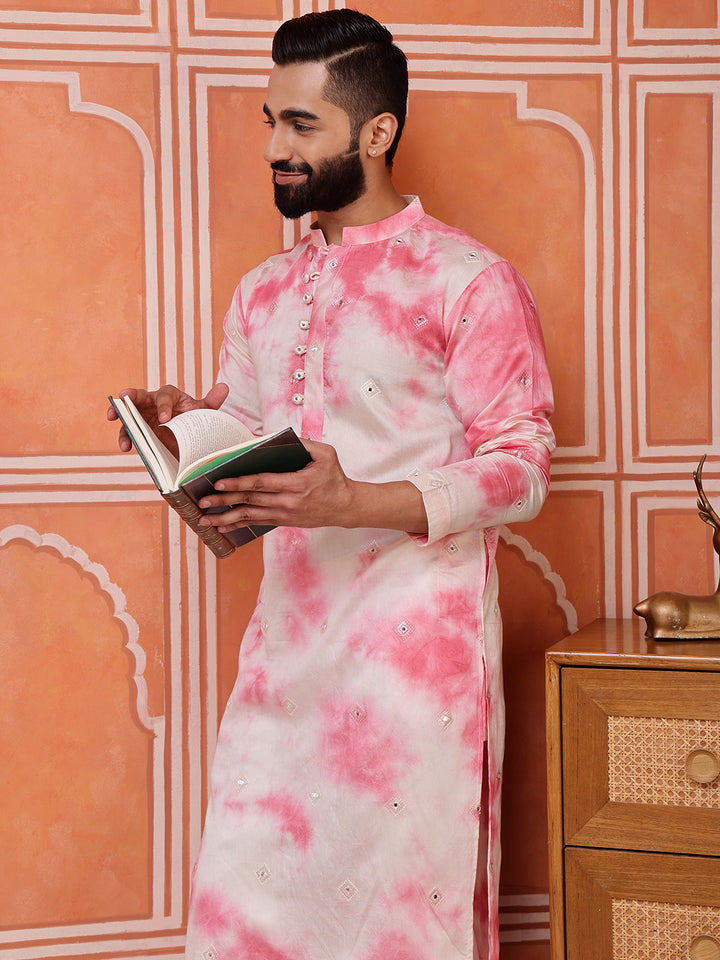 Pink Embroidered Tie-Dye Kurta with Mirror Buti