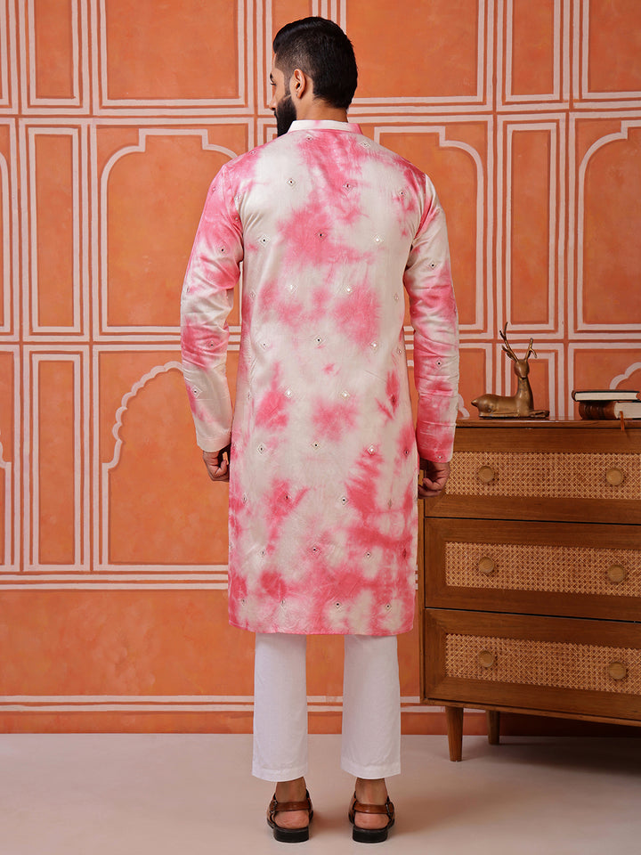 Pink Embroidered Tie-Dye Kurta with Mirror Buti