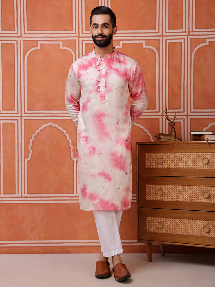 Pink Embroidered Tie-Dye Kurta with Mirror Buti