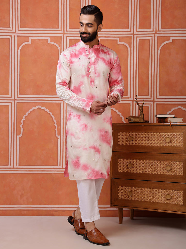 Pink Embroidered Tie-Dye Kurta with Mirror Buti