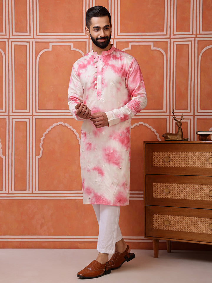 Pink Embroidered Tie-Dye Kurta with Mirror Buti