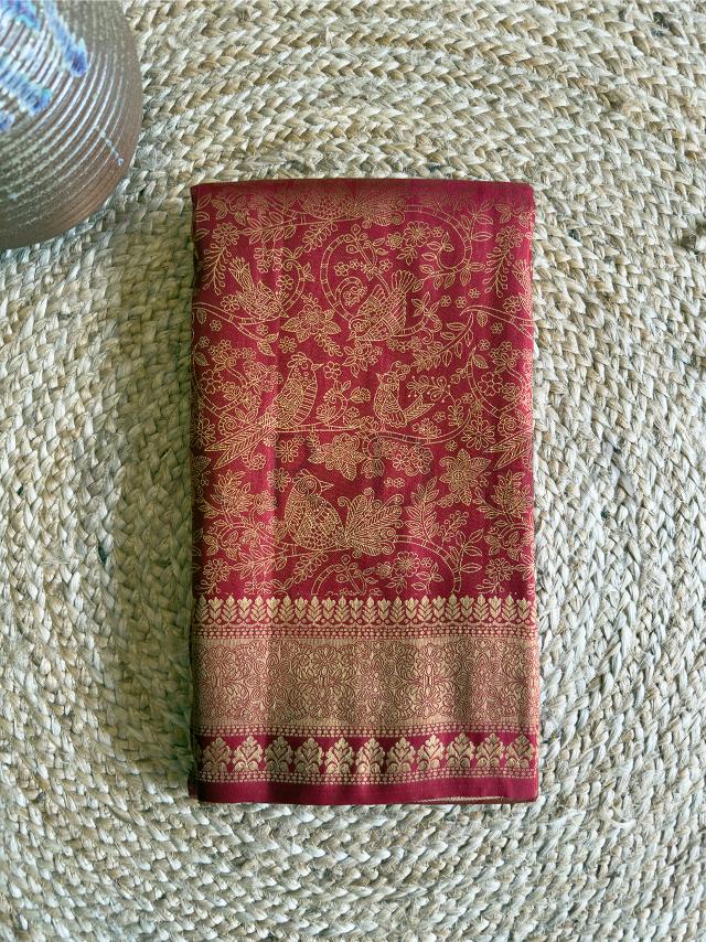 Rust Silk Saree - Kanjivaram Saree - Zari Woven Saree - Wedding Kanjivaram - South Indian Saree - Silk Saree With Brocade Blouse - Traditional Pallu Saree - Floral Zari Saree - Sangeet Saree - Festive Indian Silk - Buy Kanjivaram Online - Party Wear Silk Saree - Rich Silk Drape - Luxury Kanjivaram Sarees - Zari Border Saree - Heritage Saree Design - Antique Gold Saree - Ethnic Rust Saree - Cultural Occasion Saree - Reception Saree