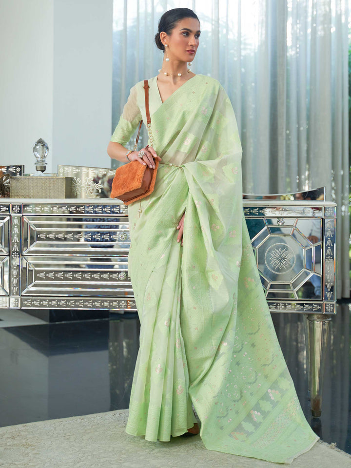 Mint Green Lucknowi Chikankari Cotton Saree featuring Traditional Handwoven Embroidery, ideal for Wedding Ceremonies and Festive Occasions.
