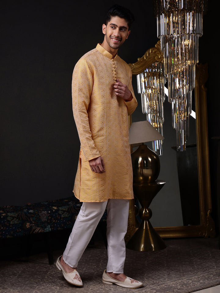Full view of a model showcasing the regal appeal of the intricate geometric jacquard kurta