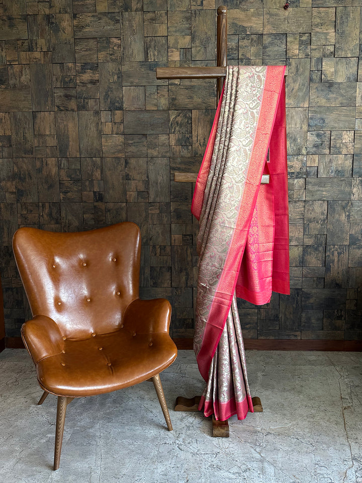 Cream Pink Woven Kalamkari Art Silk Traditional Saree with Zari Work