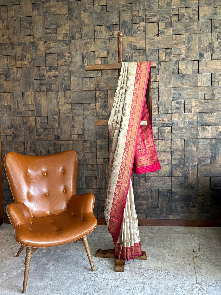 Cream Wine Woven Kalamkari Art Silk Saree with Zari Work