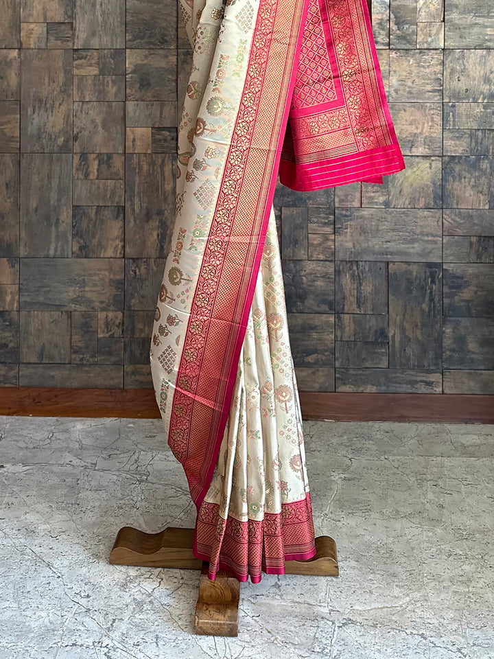 Cream Wine Woven Kalamkari Art Silk Saree with Zari Work