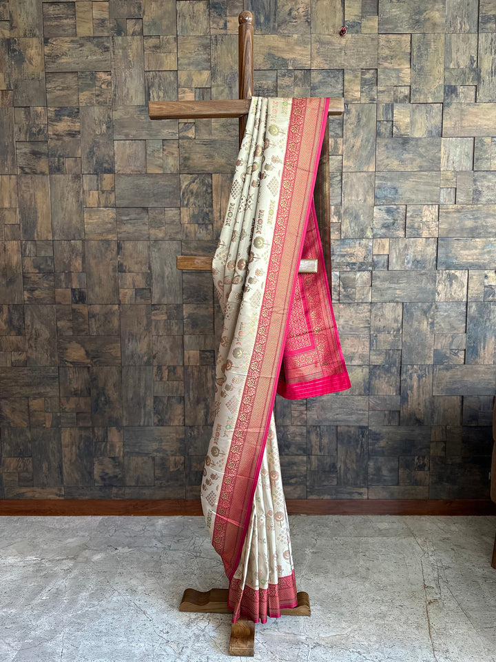 Cream Wine Woven Kalamkari Art Silk Saree with Zari Work