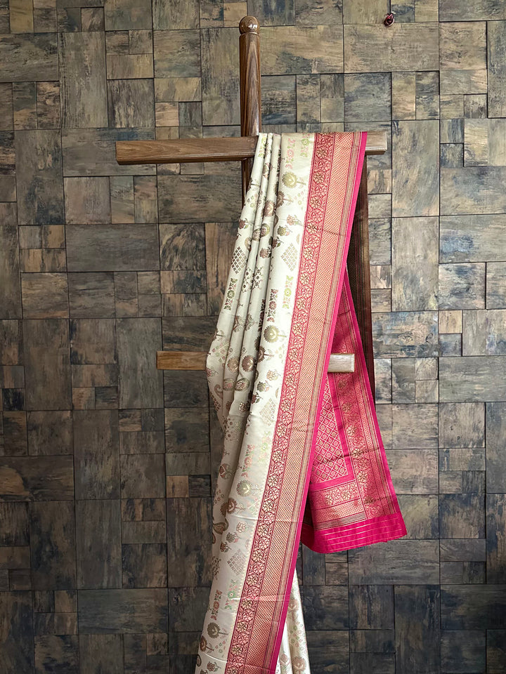Cream Wine Woven Kalamkari Art Silk Saree with Zari Work