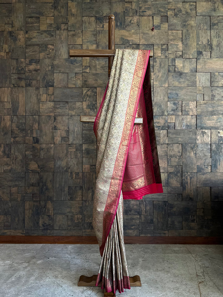 Cream Wine Woven Kalamkari Art Silk Saree with Zari Work