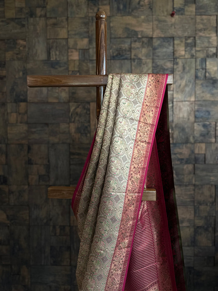 Cream Wine Woven Kalamkari Art Silk Saree with Zari Work