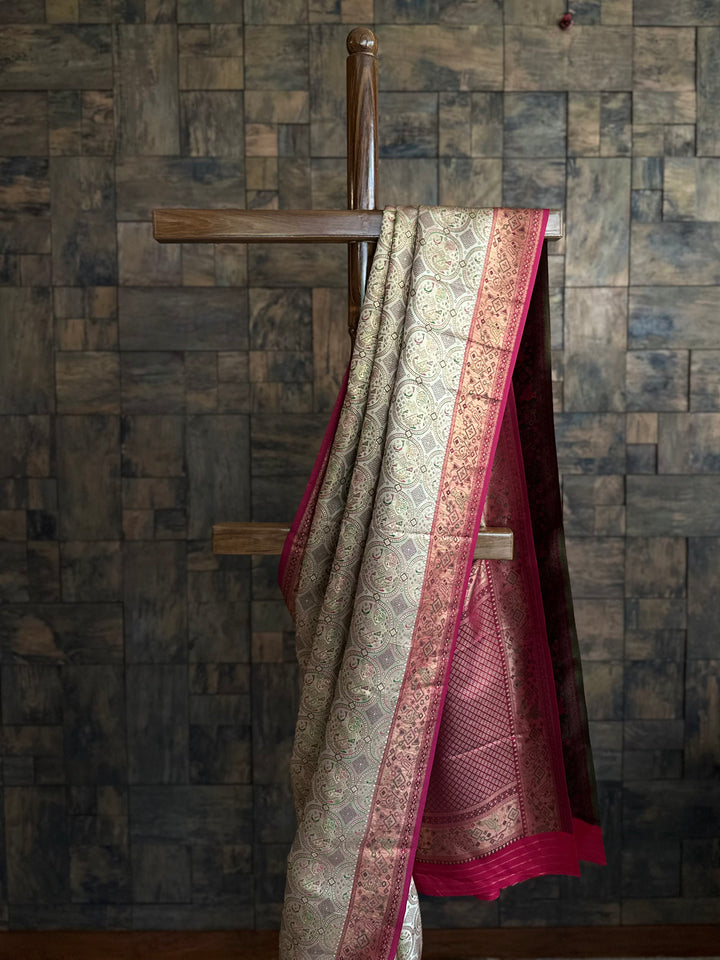 Cream Wine Woven Kalamkari Art Silk Saree with Zari Work