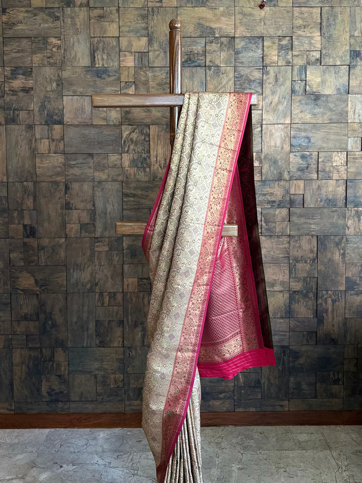 Cream Wine Woven Kalamkari Art Silk Saree with Zari Work