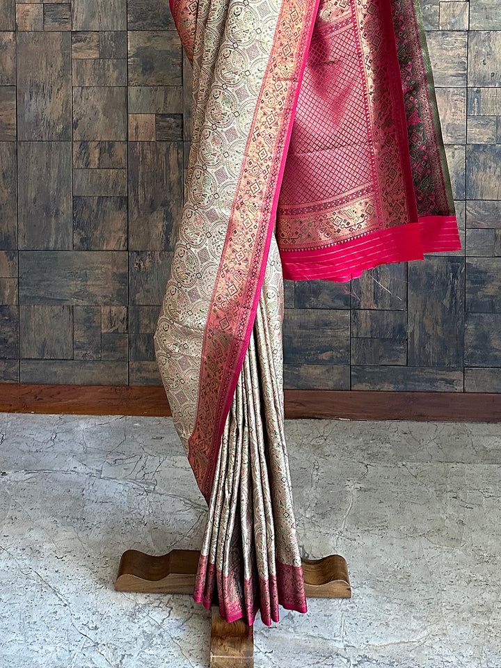 Cream Wine Woven Kalamkari Art Silk Saree with Zari Work