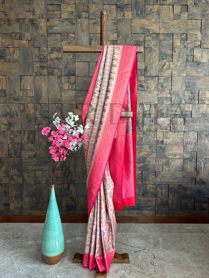 Cream Pink Woven Kalamkari Art Silk Saree with Zari Work