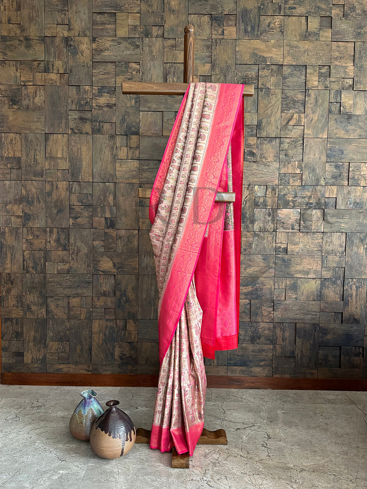 Cream Pink Woven Kalamkari Art Silk Saree with Zari Work
