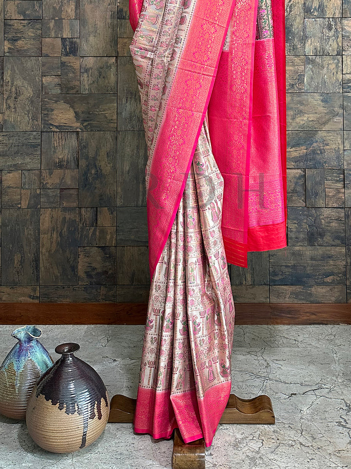 Cream Pink Woven Kalamkari Art Silk Saree with Zari Work