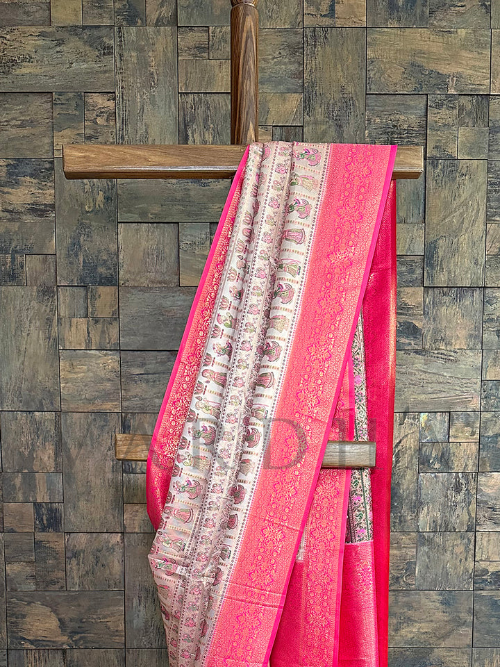 Cream Pink Woven Kalamkari Art Silk Saree with Zari Work