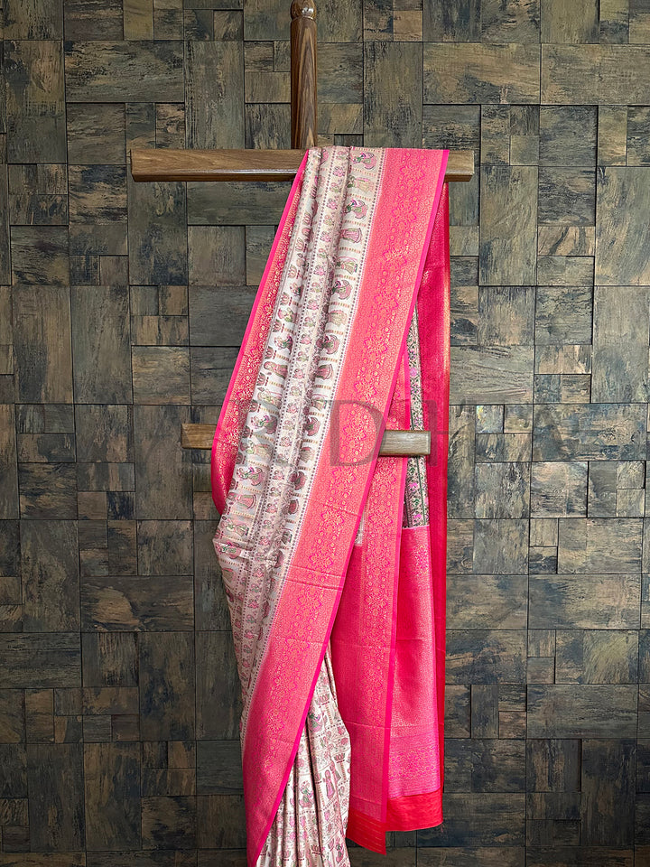 Cream Pink Woven Kalamkari Art Silk Saree with Zari Work