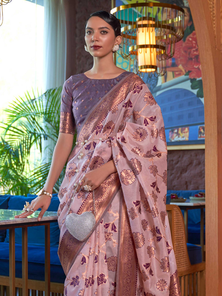 Designer Pink Organza Saree featuring Gottapatti Lace and Mirror Work Border, providing an Elegant Silhouette—perfect for Wedding Ceremonies and High-End Gatherings.