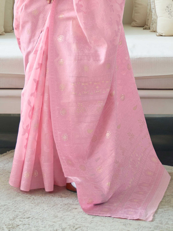 Handcrafted Pink Chikankari Organza Saree with Exquisite Traditional Patterns, suitable for Wedding Receptions and Grand Events.