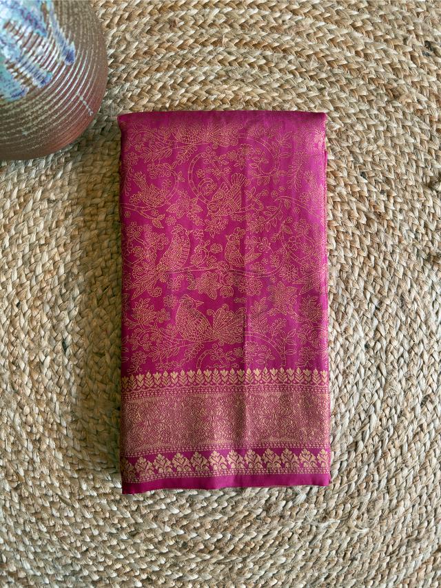 Rani Pink Silk Saree - Kanjivaram Saree - Zari Woven Saree - Festive Wear Saree - Party Silk Saree - Wedding Kanjivaram - Zari Pallu Saree - Jacquard Kanjivaram - Pink Traditional Saree - Peacock Motif Saree - Gold Border Saree - Buy Silk Sarees Online - Rich Festive Saree - Designer Kanjivaram Saree - Ethnic Silk Drape - Gold Zari Saree - South Indian Pink Saree - Unstitched Brocade Blouse - Sangeet Saree - Cultural Celebration Saree